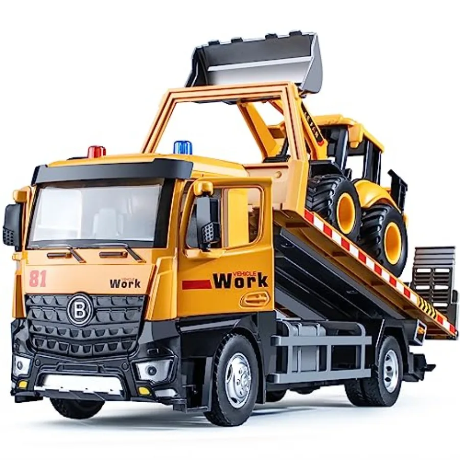 

Toy Metal Cab, Flatbed Toys for Boys with Backhoe Loader, Friction Powered Transport Trailers with Lights and Siren Sounds, Con