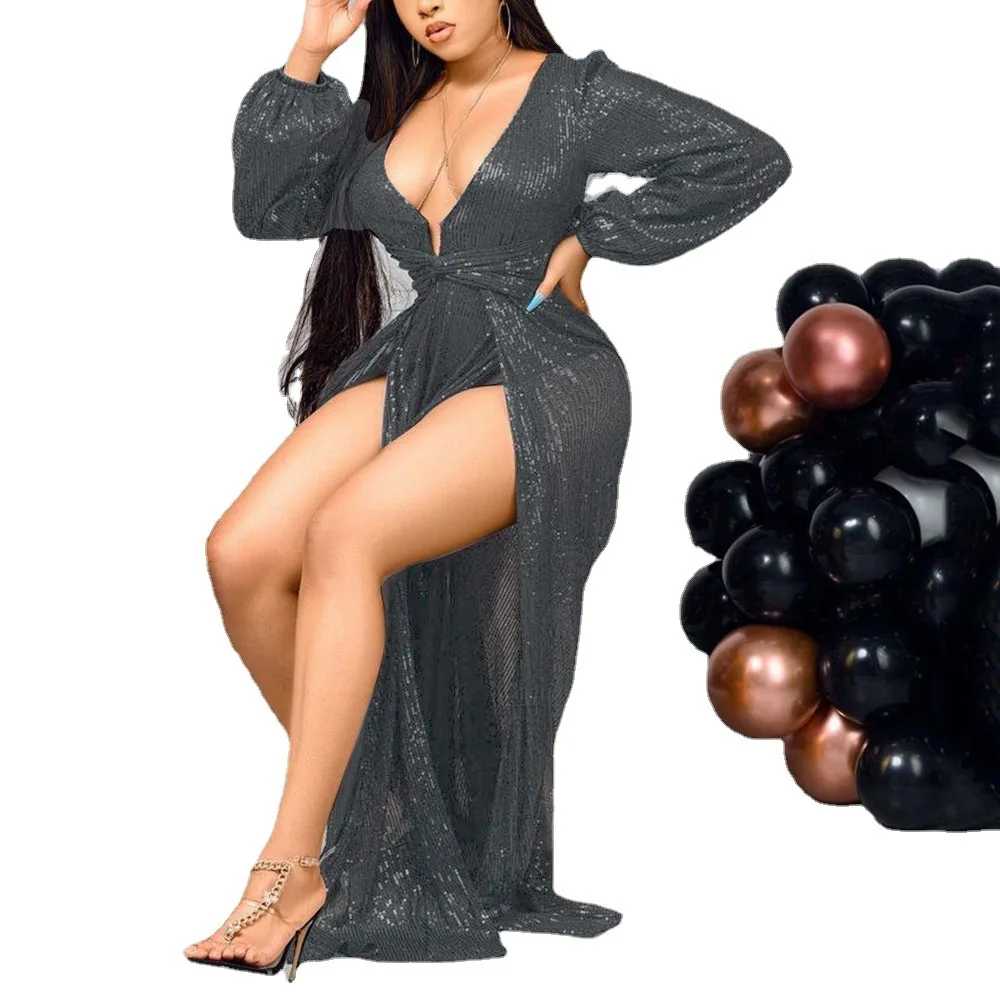 

2025 Lantern Sleeve Plus Size Long New Product Deep V-Neck Sexy Slit Party Dress For Children