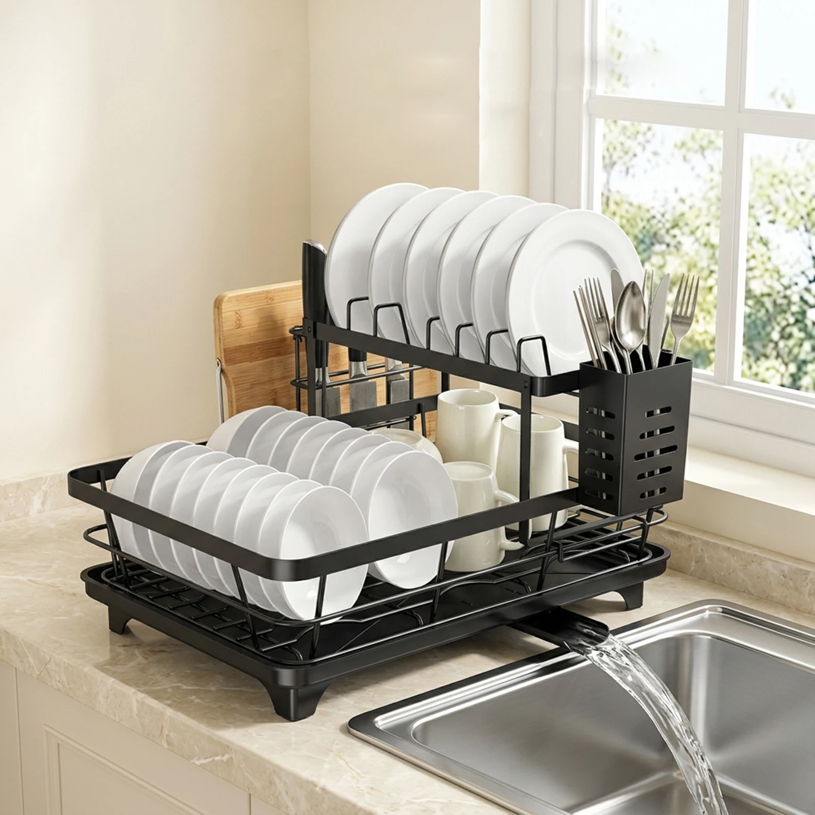 Égouttoir à vaisselle à 2 niveaux en acier au carbone, organisateur de comptoir de cuisine avec égouttoir, porte-ustensiles, porte-planche à découper, grande capacité pour petite cuisine, appartement, camping-car, caravane