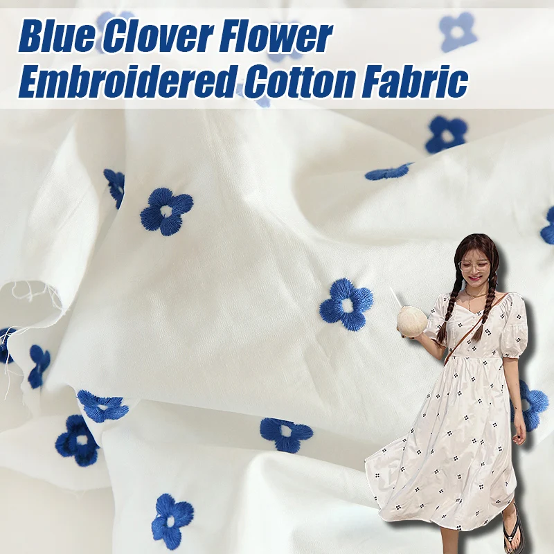

100*150cm Ins Cartoon Blue Flower Embroidery Fabric Literary Flower High-quality Cotton Fabric For Diy Shirts Bed Sheet Quilting