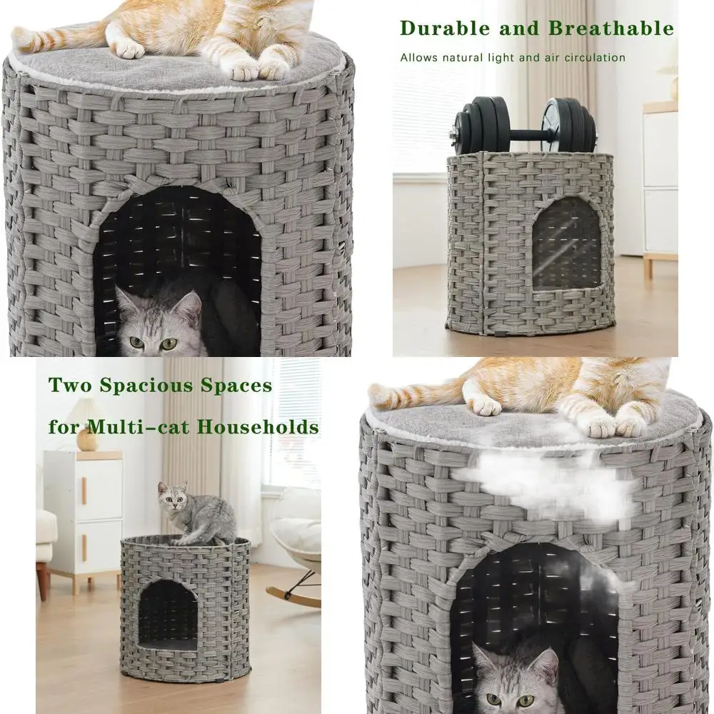 

Large Foldable Double Cat House Bed Cave, Handwoven Rattan with Soft Pad, 17x17x17 Inches, Ideal for Indoor Cats, Gray