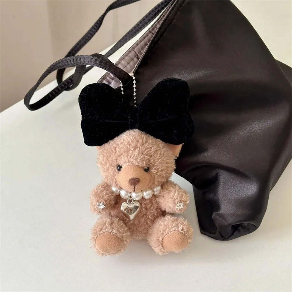 Brown Plush Bear Keychain Plush Doll Handmade Bear Phone Back Clip Soft Sweet Bow Fluff Stuffed Animal Key Rings Bag Pendant