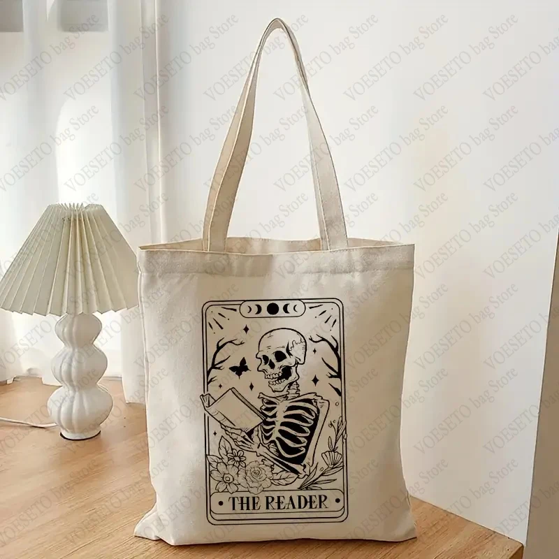 The Reader Skeleton Pattern Canvas Tote Bag Best Gift for Bookish Funny Graphics Shopping Bag for Daily Life Library Book Bags