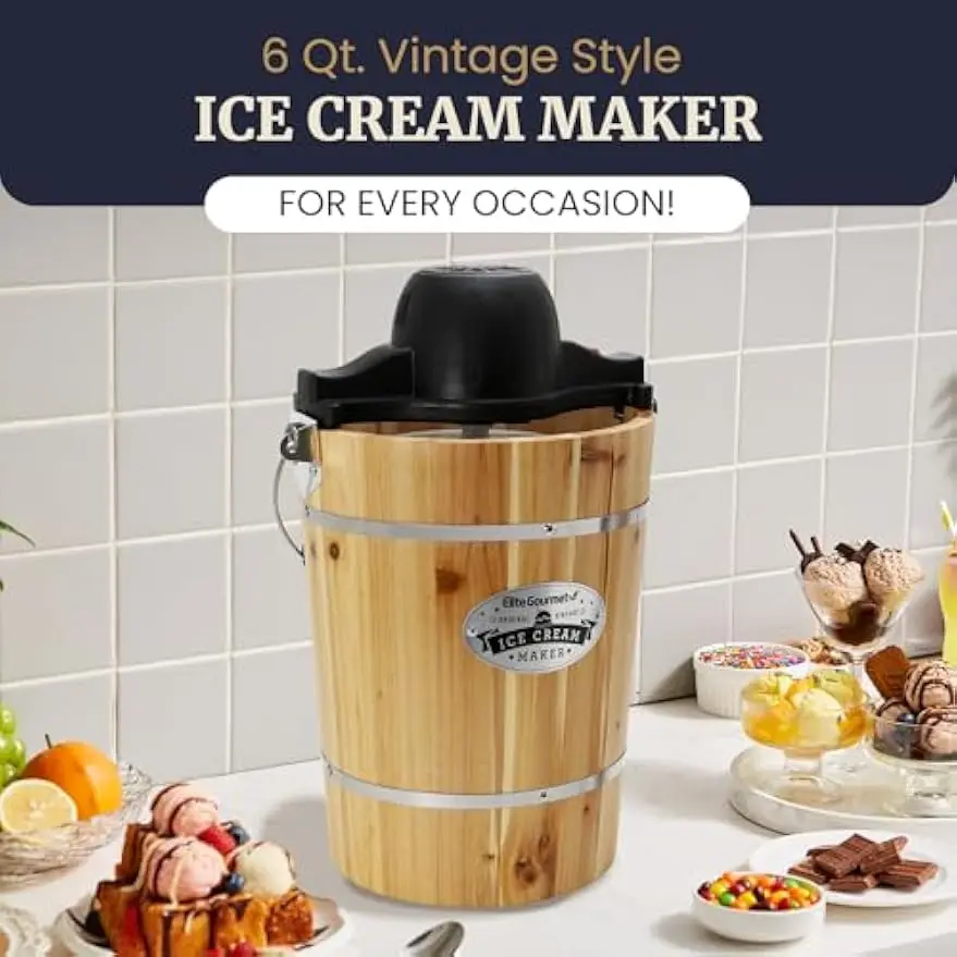 6 Quart Vintage Appalachian Wood Bucket Electric Ice Cream Maker Classic Die Cast Hand Crank Churns Ice Rock Salt Minute