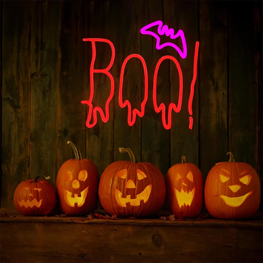 Halloween Neon Sign for Wall Decor,LED BOO Bat Neon Light Up Sign for Halloween Party Decorations, Spooky Boo Neon Sign
