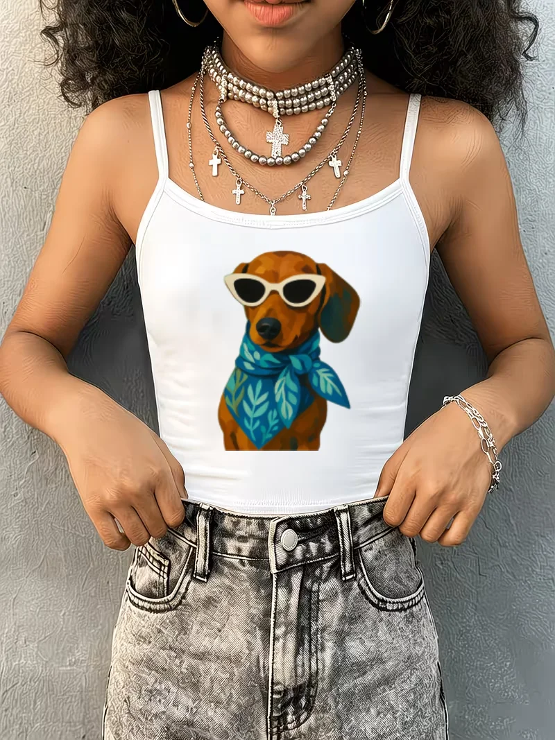 Y2K Aesthetic Women Spaghetti Strap Camisole Vintage Dachshund Print Slim Sleeveless Tank Top Summer Daily Casual Vest