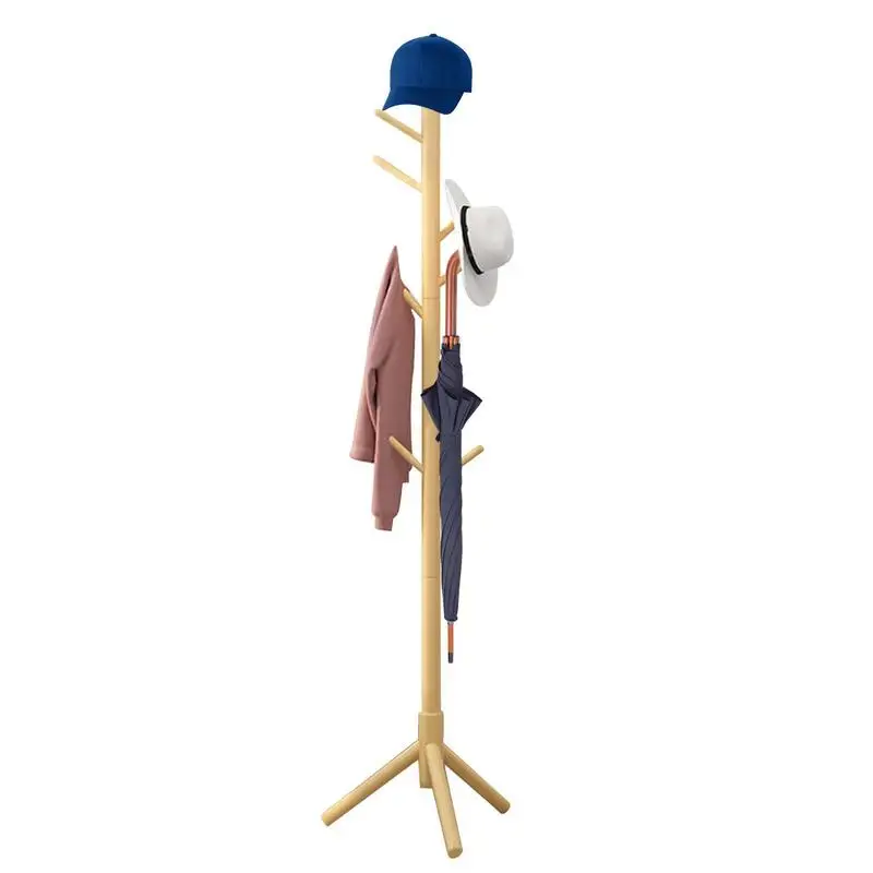 Floor Standing Wooden Clothes Rack Clothes Tree Stand With 8 Hooks Creative Bag And Scarf Rack For Entryway Coat Hanger Stand