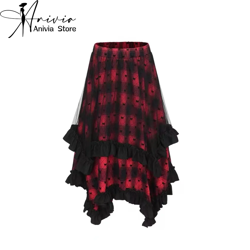 2024 New Women's Korean Y2K Patched Checkered Mesh Skirt Fashionable and Elegant Irregular High Street All match A-line Skirt