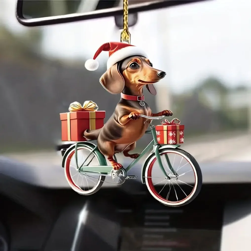 

1PC Acrylic Dachshund Christmas Decorations Flat Bike Puppy Ornaments Car Mirrors Key Chains Home Decorations Holiday Party