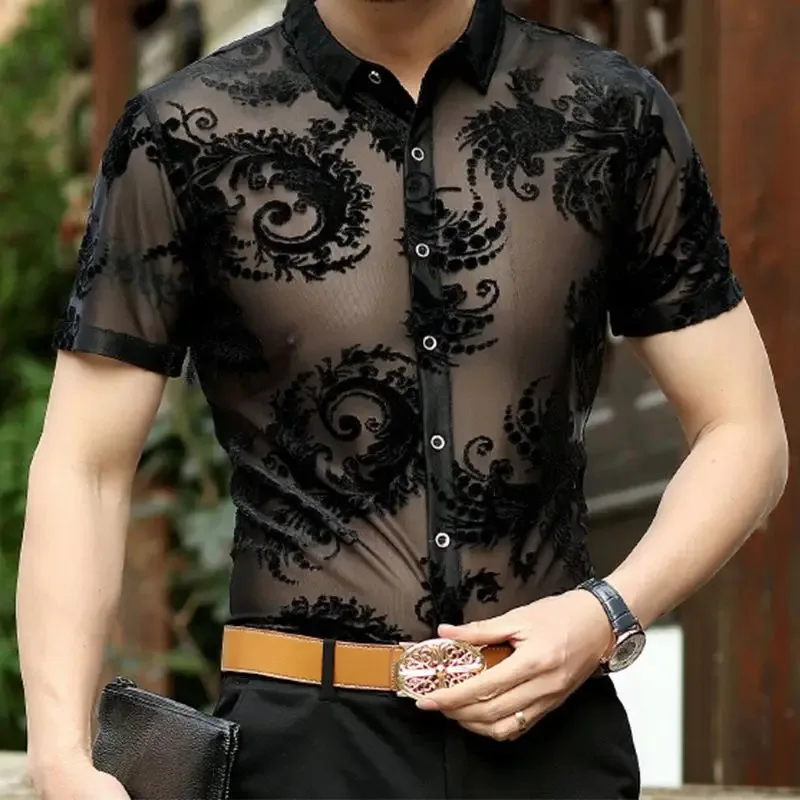 NewTurn Down Collar Cotton Men Shirts Long Sleeve Buttons Shirt Men Solid Color Sexy Lace See Through Clubwear Down Shirt2025