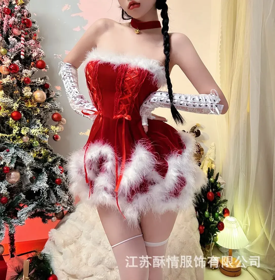 

2025Christmas-themed Cute Cat Cosplay Christmas Small Chest Velvet Suspender Skirt Sexy Plush Suit