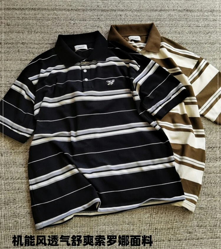 Retro breathable striped POLO shirt men's loose lapel short-sleeved T-shirt trendy brand quick-drying tee