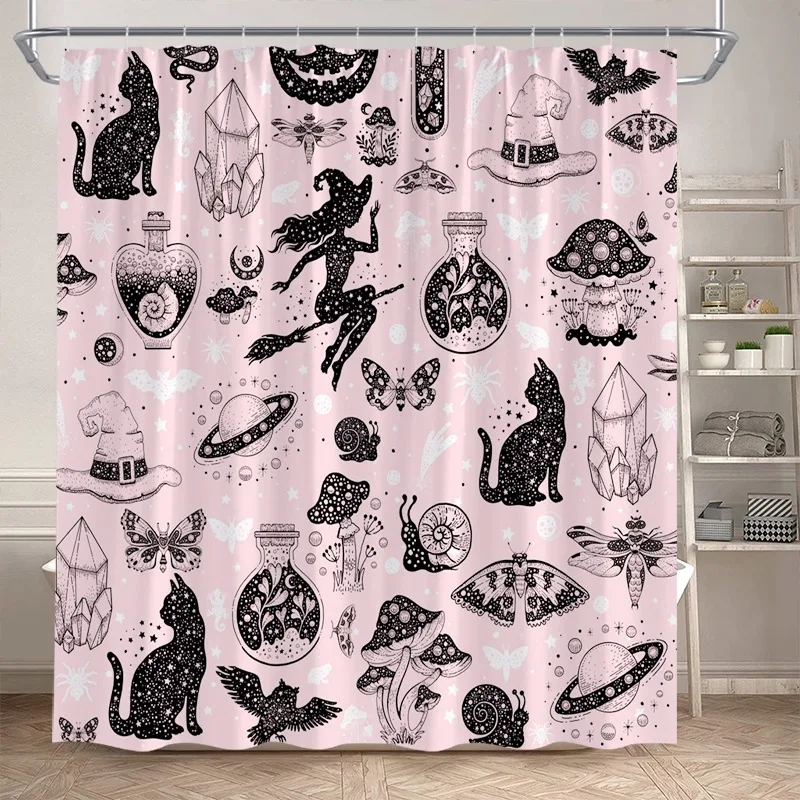 Pink Halloween Shower Curtains Black Cat Witch Butterfly Snail Mushroom Bath Curtain Polyester Fabric Bathroom Decor with Hooks