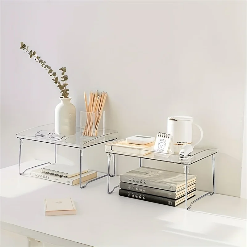 1 PC Clear Acrylic Desktop Organizer - Single-Layer, Foldable & Stackable Storage Solution for Kitchen, Office & More