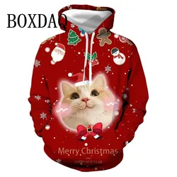 Christmas Cute Cat Women Hoodies 3D Printed Winter Hooded Hip Hop Casual Sweatshirts Hoodie Tops Fashion Loose Pockets New 2025