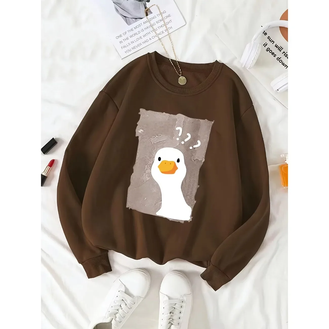 Quirky Cartoon Duck Print Round Neck Long Sleeve Casual Pullover Sweater for Women 240g Thick Hoodie