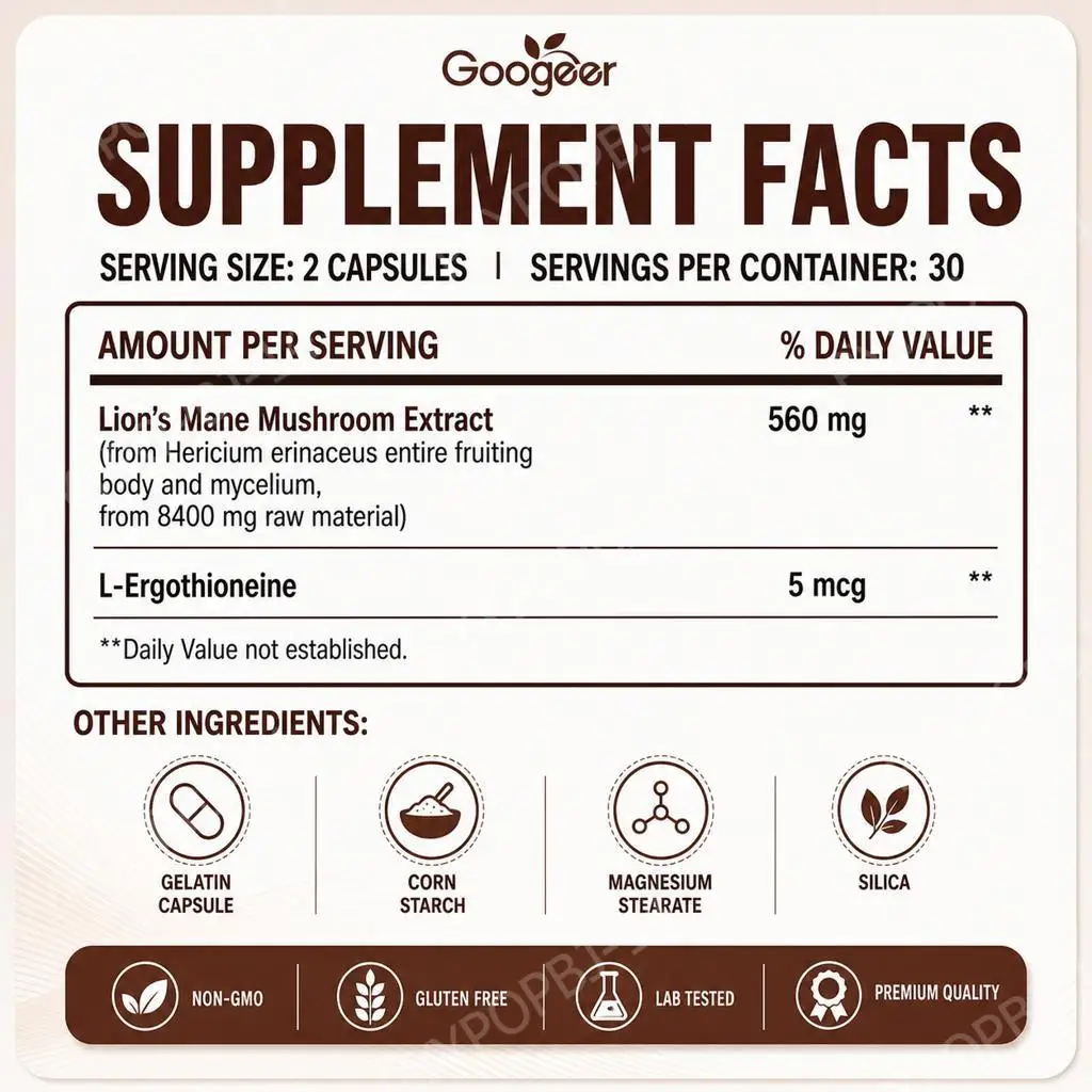 Googeer Lion's Mane + L-Ergothioneine Capsules Support Clear Thinking and Focus, Help Daily Memory Condition, 60 Capsules