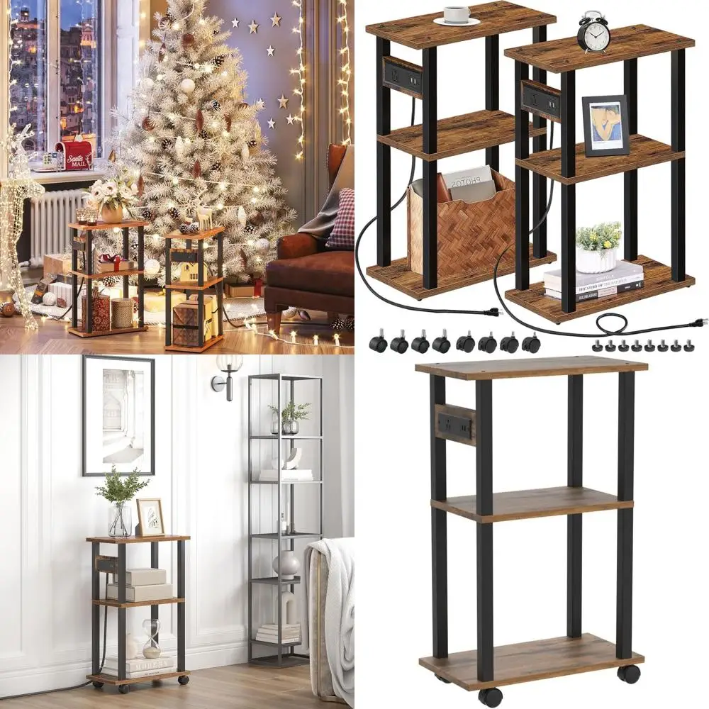 

Compact Dual Side Table with Charging Station for Small Spaces, USB Ports and Outlet, Rolling Nightstand, Brown