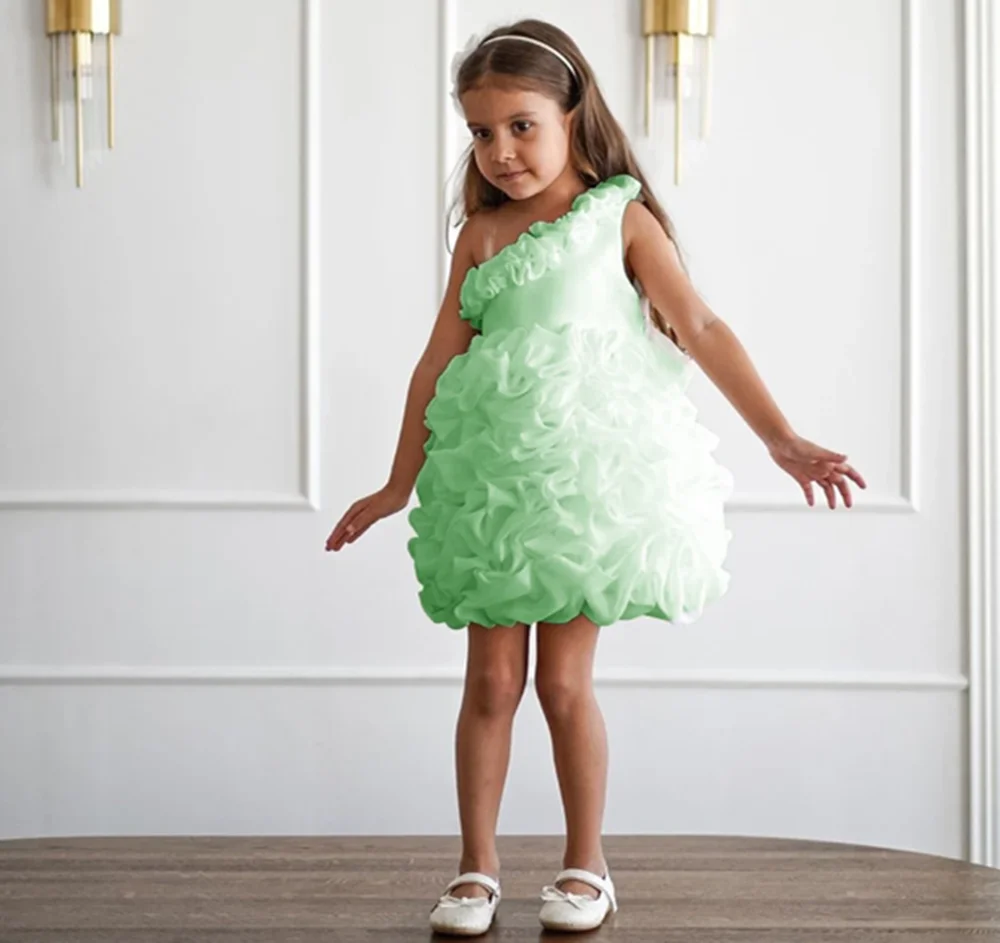 Pleat One Shoulder Sleeveless A Line Short Formal Wedding Party Flower Girl Dress Mini Length Elegant First Communion Gown New