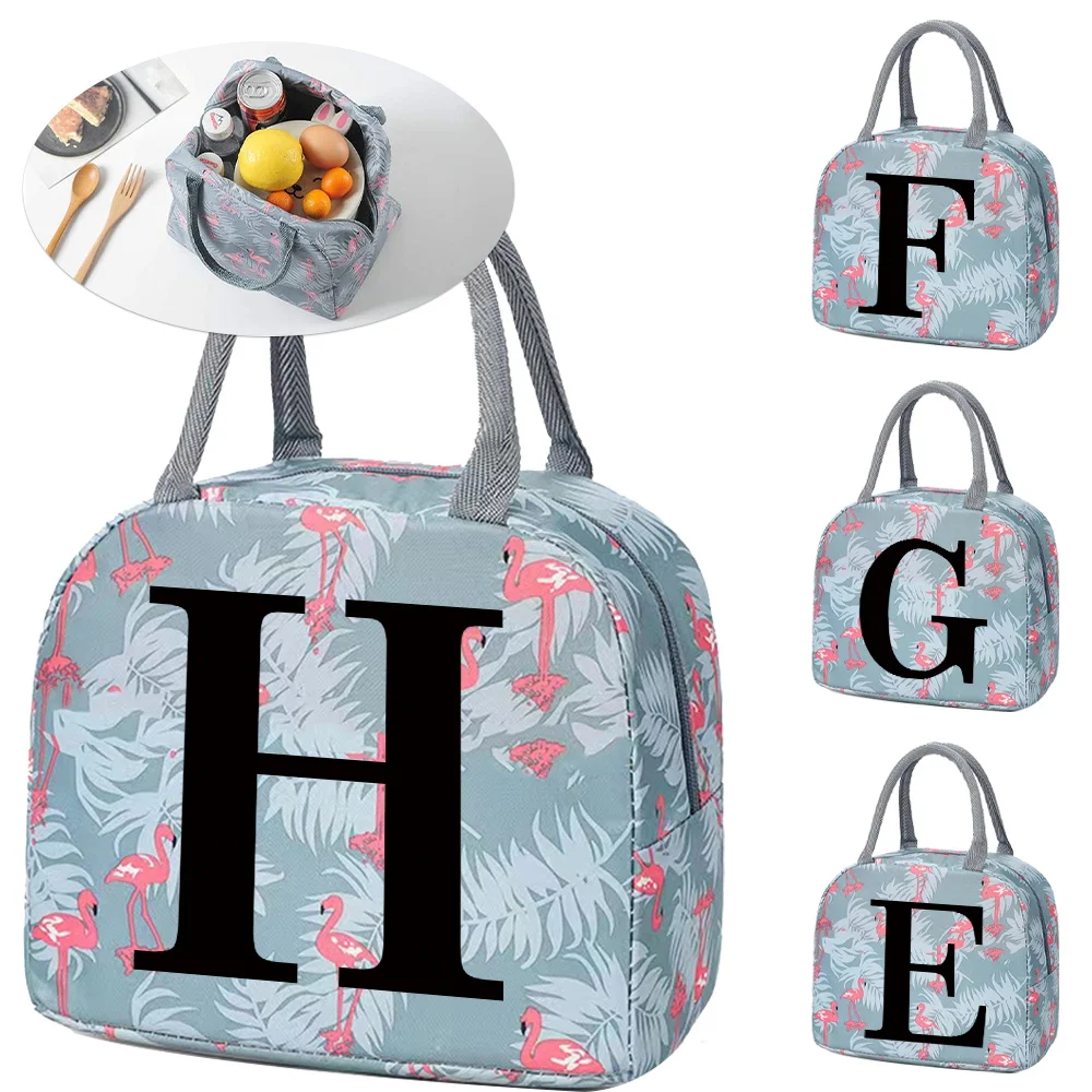 

Thermal Lunch Dinner Bags Canvas Black Letter Handbag Food Picnic Travel Breakfast Box School Child Flamingo Cooler Lunch Bag