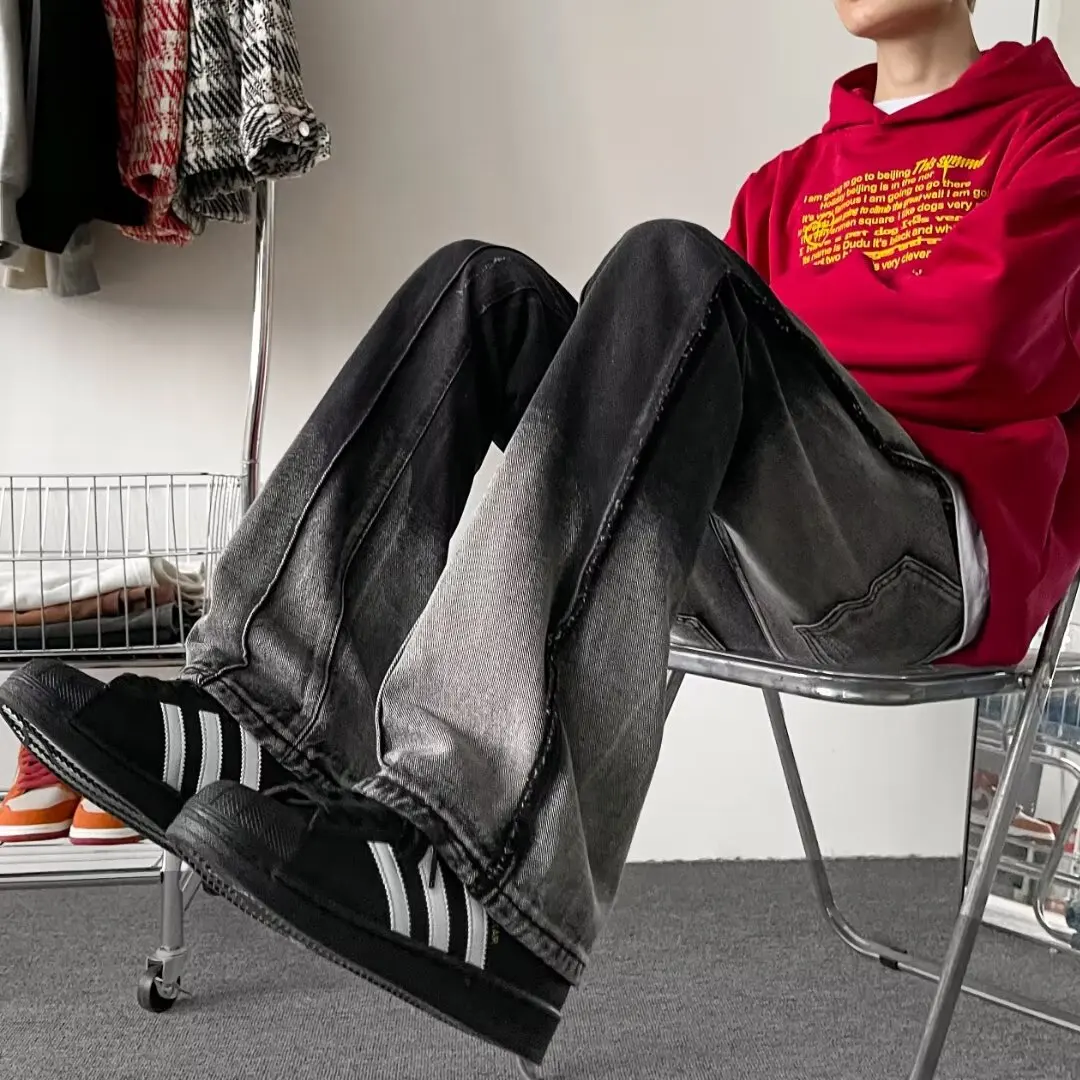 

Fall Large Size 300 Pou Dstring Jeans Men Casual Straight Leg Long Pants American High Street Loose Wide Leg Long Pants