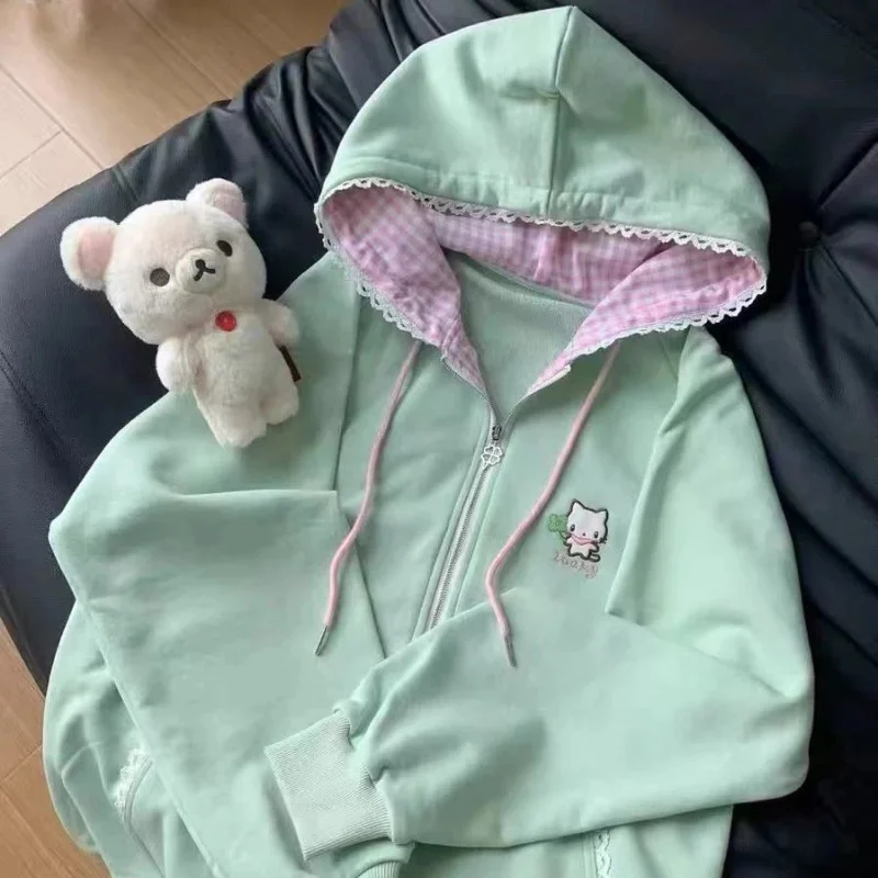 

Y2K Plaid Cat Hoodie Japanese Harajuku Korean Kawaii Hooded Coat JK Anime Long Sleeve Hoodie Subculture Long Sleeve Thin Top New