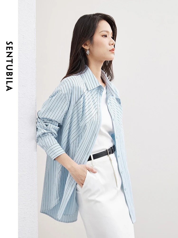 SENTUBILA Irregular Striped Women\'s Blouse 2024 Spring Hollow Out Casual Button Up Polo Collar Long Sleeve Shirts Tops 141C53285