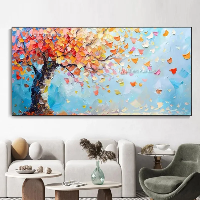 

Hand Painted Abstract Canvas Artwork Colorful Tree Knife Thick Oil Painting Modern Treescape Wall Art For Home Decoration
