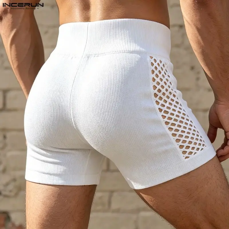 INCERUN Men Shorts Mesh Patchwork Hollow Out High Waist Men Bottoms Summer Sexy Elastic Waist See Through Fashion Shorts For Man