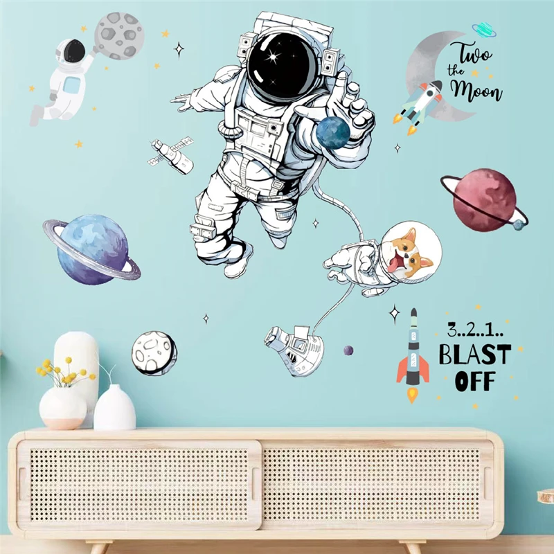 Cartoon Spaceman Dog Exploring Cosmos Wall Stickers For Kids Bedroom Home Decoration Diy Planet Star Mural Art Pvc Decals Poster