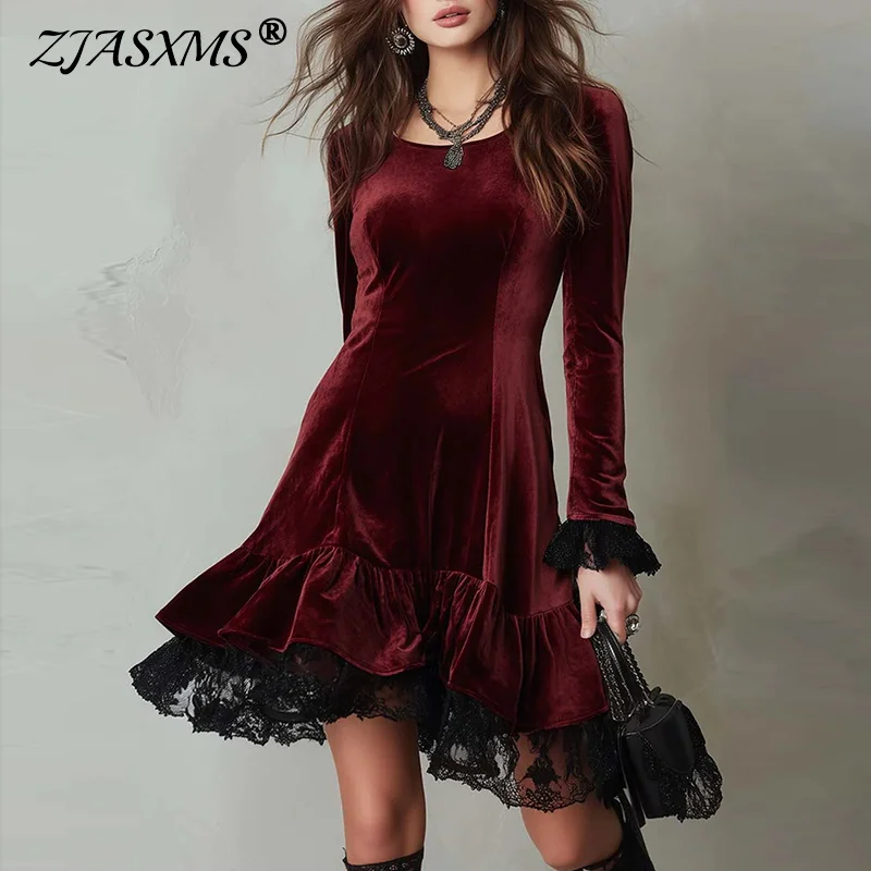 Senhoras elegante tripulação pescoço veludo mini vestido 2026 primavera casual retalhos rendas vestido plissado outono manga alargamento vestido de festa feminino