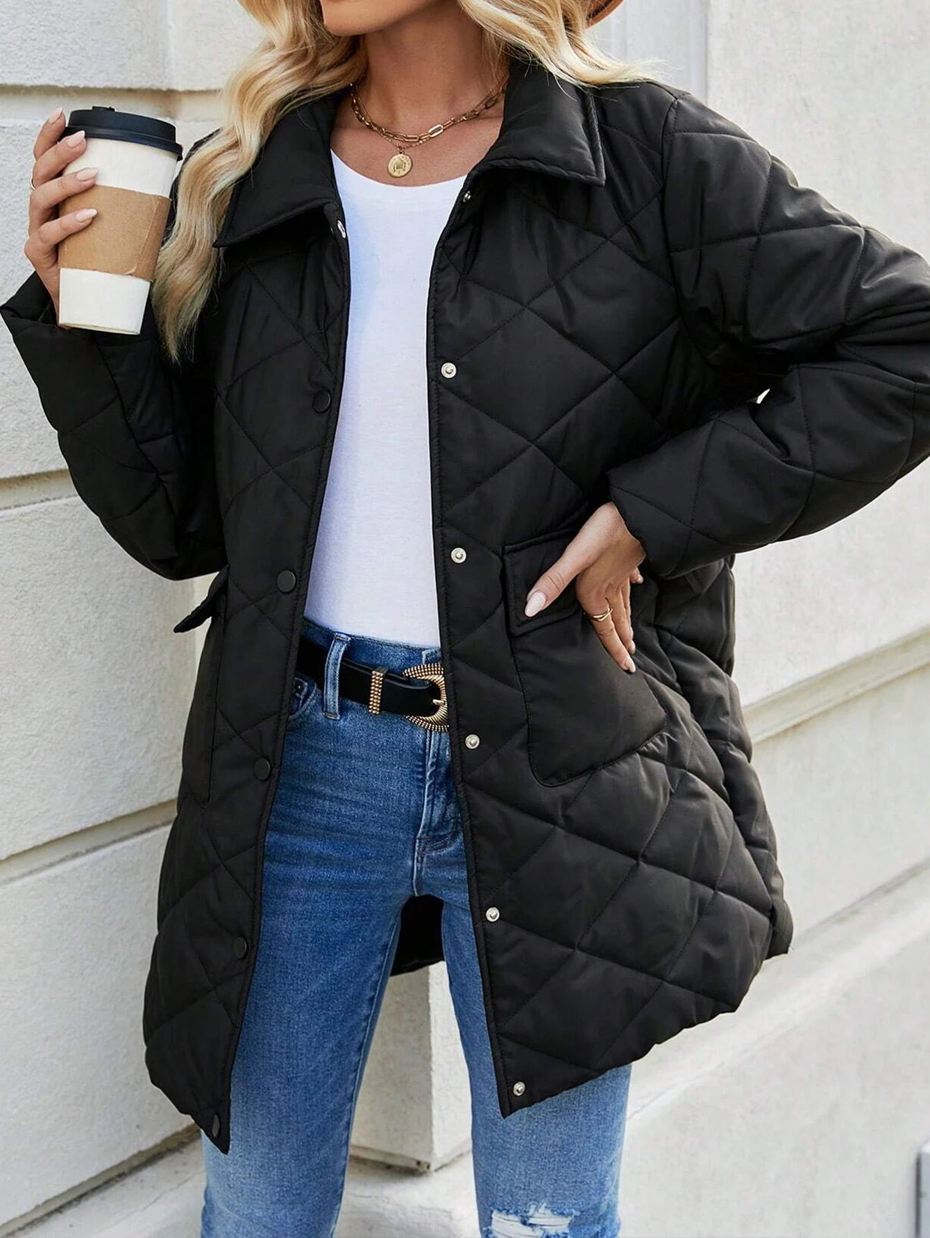 

Women's Quilted Coat Simple Plain Single-Breasted Button Front Long Sleeve Lapel Daily Long Coat with Pockets for Autumn Winter