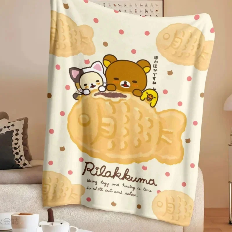 Cartoon Rilakkuma Flannel Nap Throw Blanket Cozy Warm Soft cute Bear Lunch Break Blanket for girl gift Travel Bedroom Daily Use