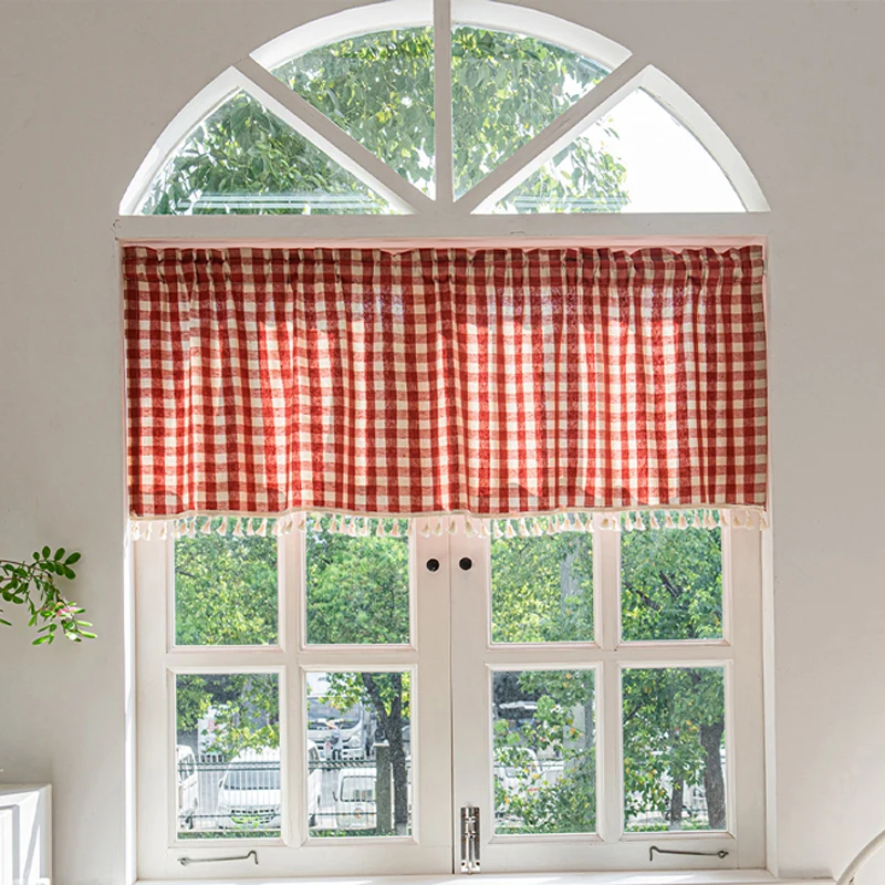 

Checkered Curtains Gingham Plaid Short Cafe Curtains with Lace Edges Rod Pocket Kitchen Window Treatment for Living Room Bedroom