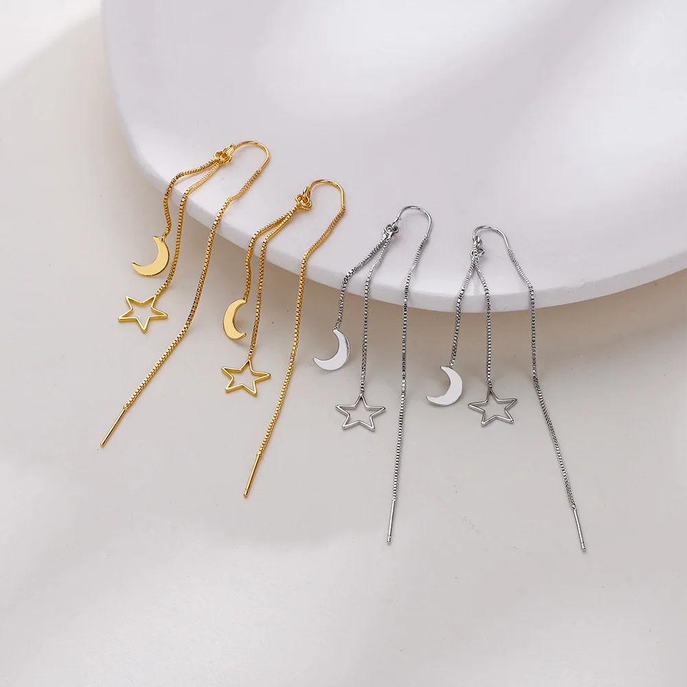 2025 New 925 Sterling Silver Star Moon Tassel Earrings for Women Simple Long Cut out Design Fashionable Jewelry Accessory
