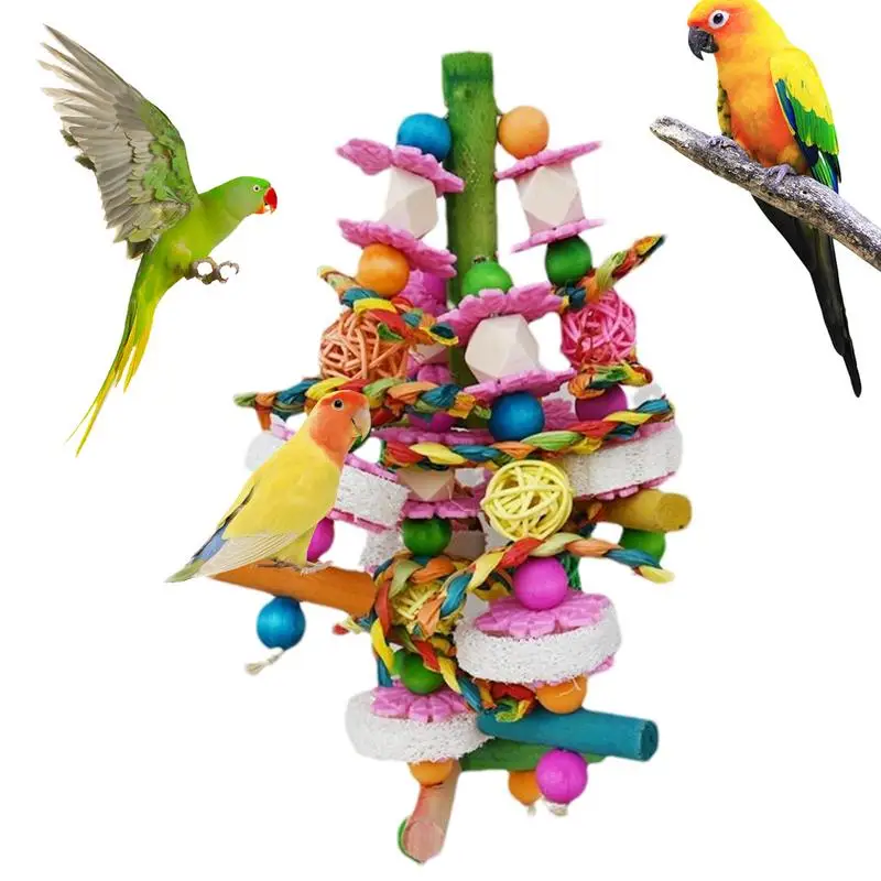 Chew Toys for Parrot Natural Loofah Bird Chew Toys Colorful for Birdcage Multifunctional Beak Grinding Supplies with Metal Hook