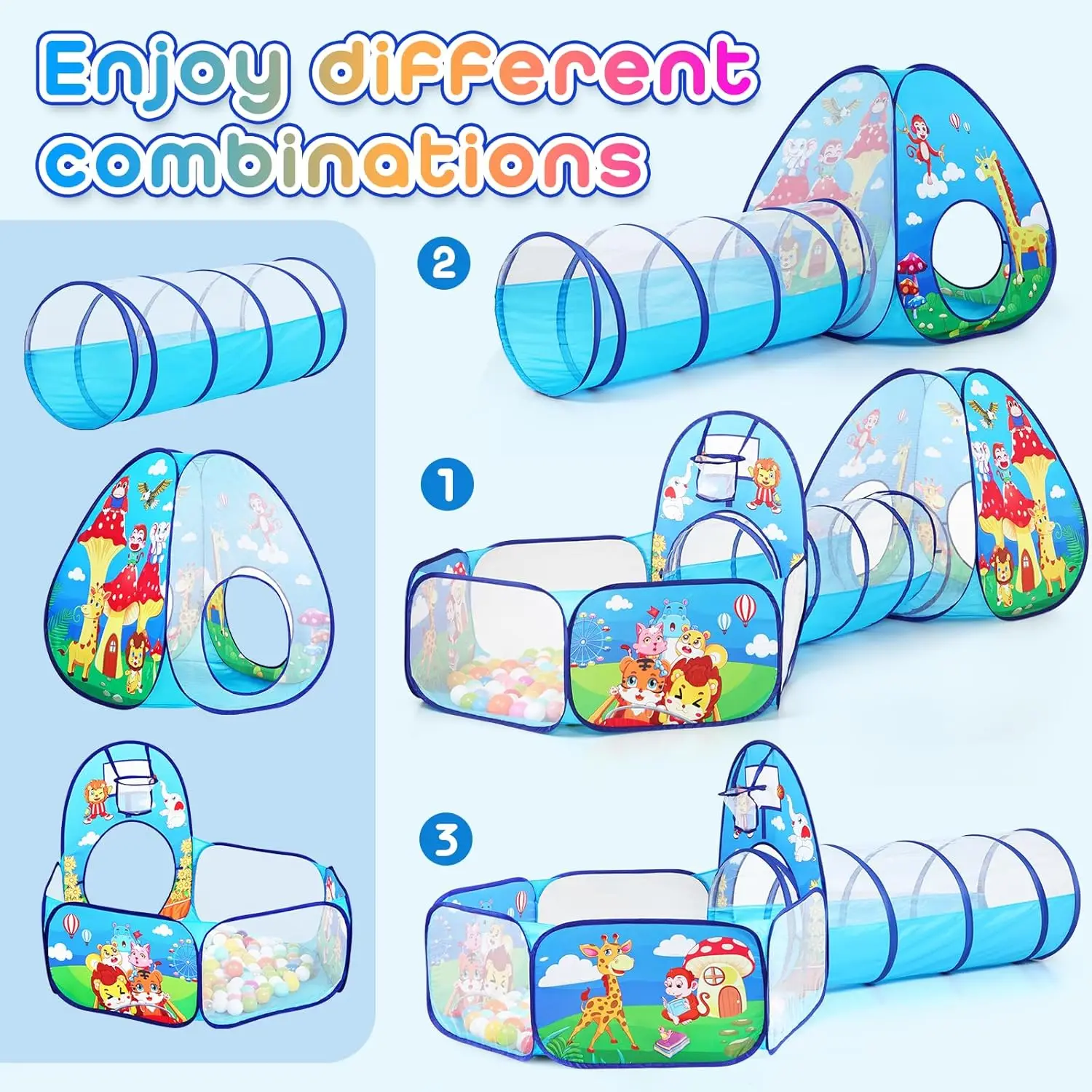 Tenda da gioco per bambini 3 in 1 per bambini con pozzo per palline e tunnel da gioco, casetta da gioco per interni ed esterni per bambini con tunnel da arrampicata giocattolo