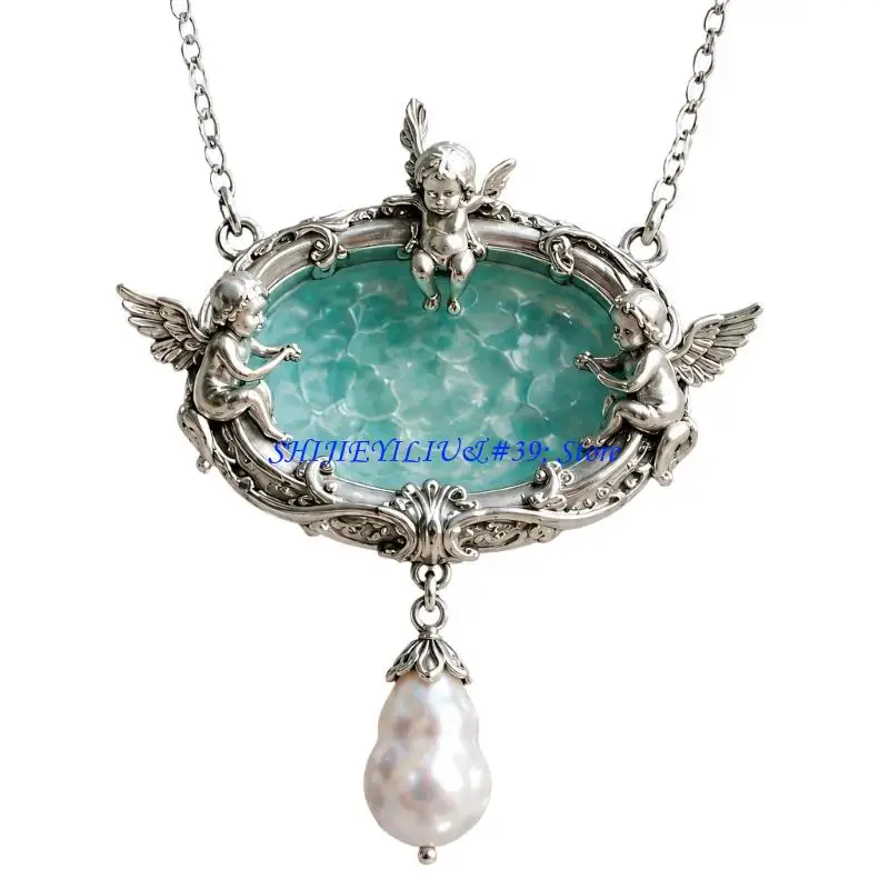E21F Silver-Tone Alloy Pendant Necklace with Ornate Fountain Design