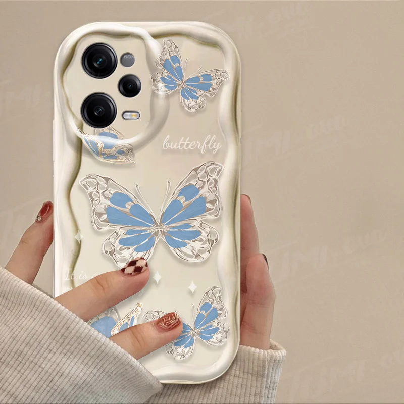 Glitter Metal Butterfly 3D Wave Case For Xiaomi Redmi Note 13 12 11 Pro Plus 4G 5G 12S 11S 10 10S 9 9S 8 13C 12C 10C Turbo 3