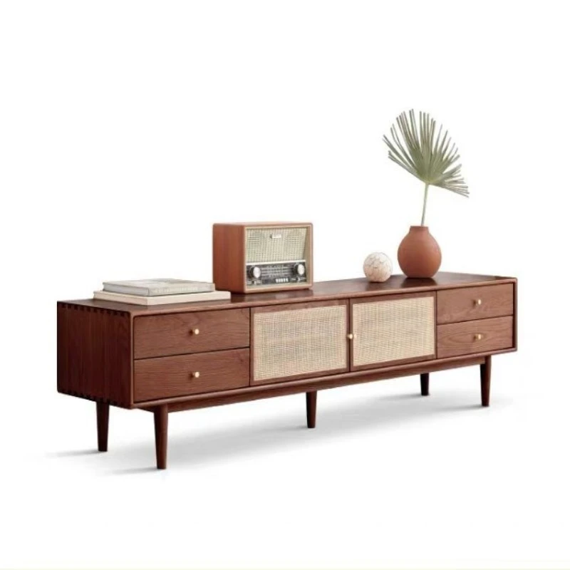 

All solid wood black walnut TV cabinet modern simple living room rattan floor cabinet white oak red oak locker