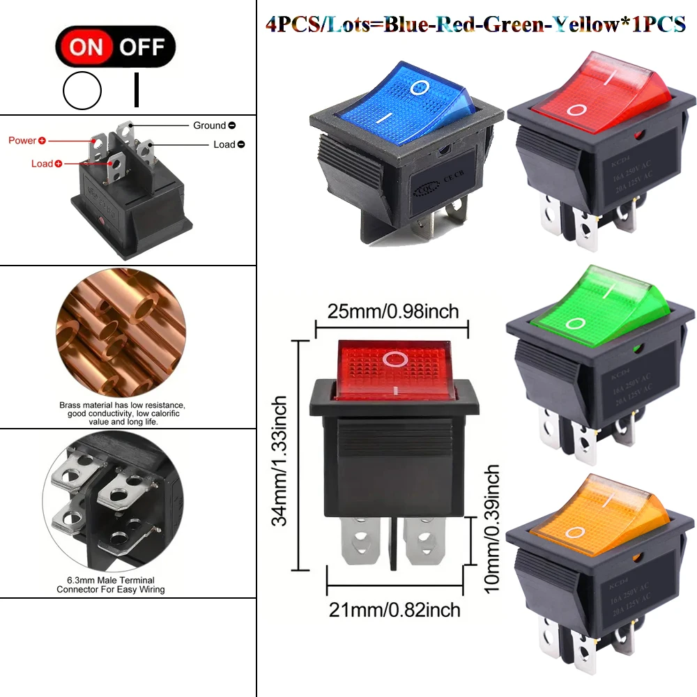 4PCS KCD4 Rocker Switch On/Off With Led Lights 4 16A 250V 220V Toggle Switch Small 4Pin Light For 2 Position Lamp 10A Rocket