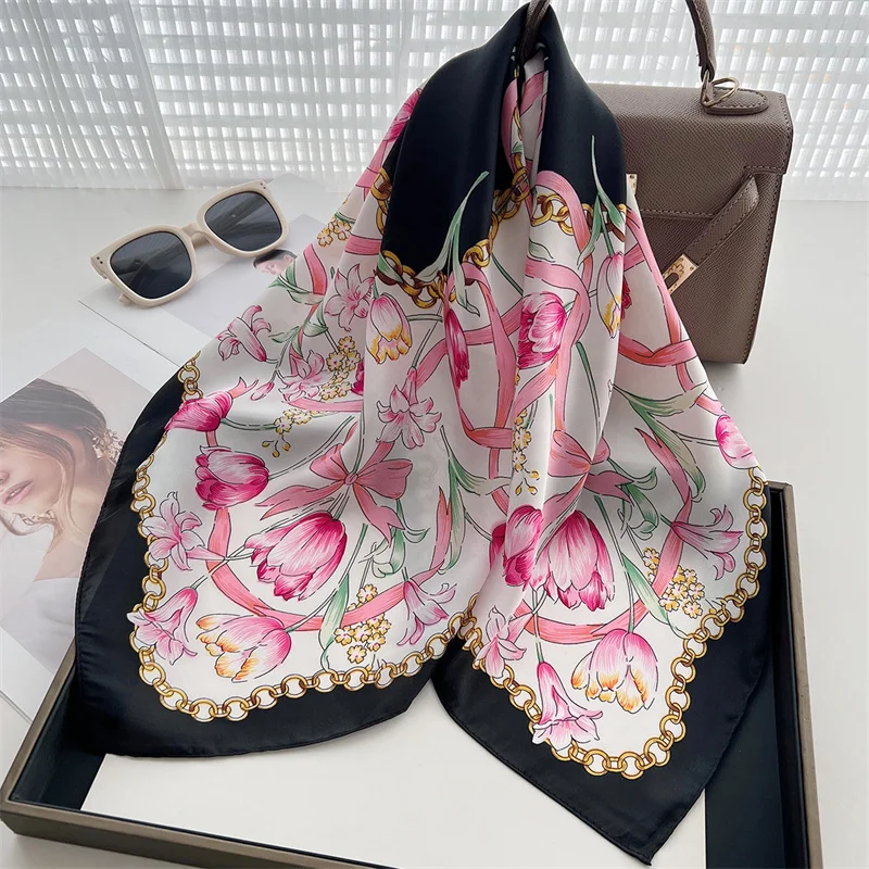 70*70 سنتيمتر العلامة التجارية الفاخرة وشاح حريري ساحة النساء شالات و يلتف مكتب صغير الشعر الرقبة الحجاب منديل Foulard السيدات الأوشحة 2025