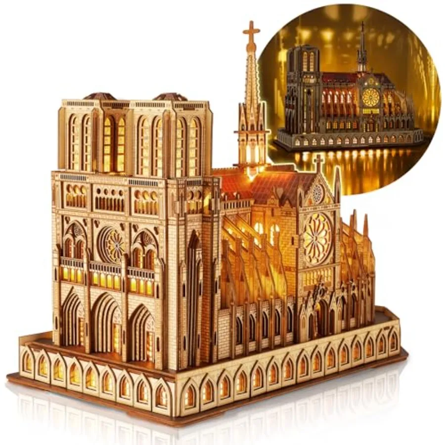 

LED 3D Wood Puzzle - Notre Dame de Paris Architecture Model-Night Edition with LED Lighting- DIY Building Model Craft Kit, Arch