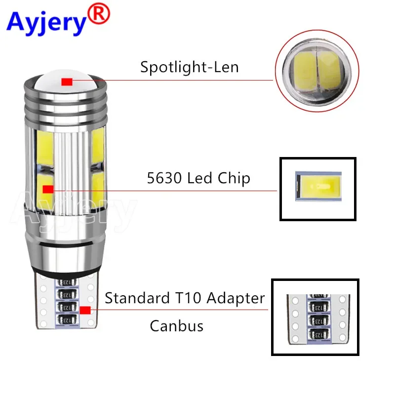 AYJERY 50pcs Auto LED Canbus T10 10 SMD 5630 W5W 192 194 White 12V Car Wedge Parking Dome Light Marker Light Lamp Bulb