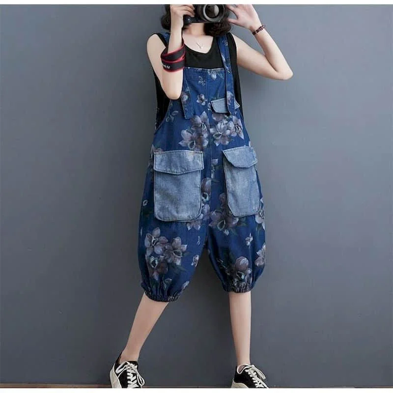 

Denim Jumpsuits Vintage Floral Print Summer New Loose Fit Harem Capris Casual Straight Bodysuit One Piece Outfits Women Clothing