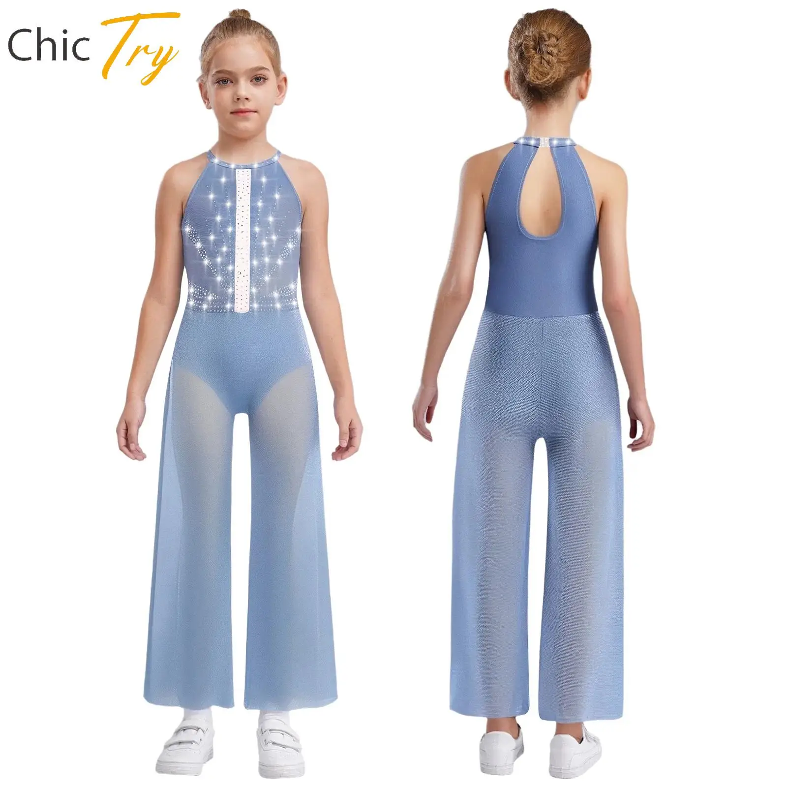 

Sleeveless Rhythmic Gymnastics Jumpsuit for Kids Girls Rhinestones Shimmery Bodysuit with Built-in Briefs Performance Dance Wear