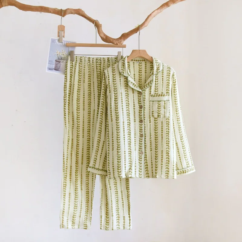 

2026 New Spring and Autumn Women's Pajama Set 100% Cotton Crepe Sweet, Cute, Comfortable Long Sleeve Home Two Piece Set