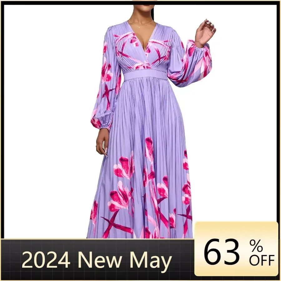 

African Long Maxi Dresses for Women Summer Elegant Africa Long Sleeve V-neck Polyester Print Party Evening Dress Africa Clothing