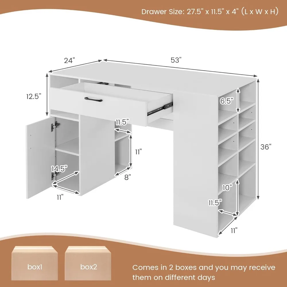 36” Counter Height Sewing Table, 53 Inch Artwork Craft Table with Open Compartments Project Center Desk Sewing Workstation