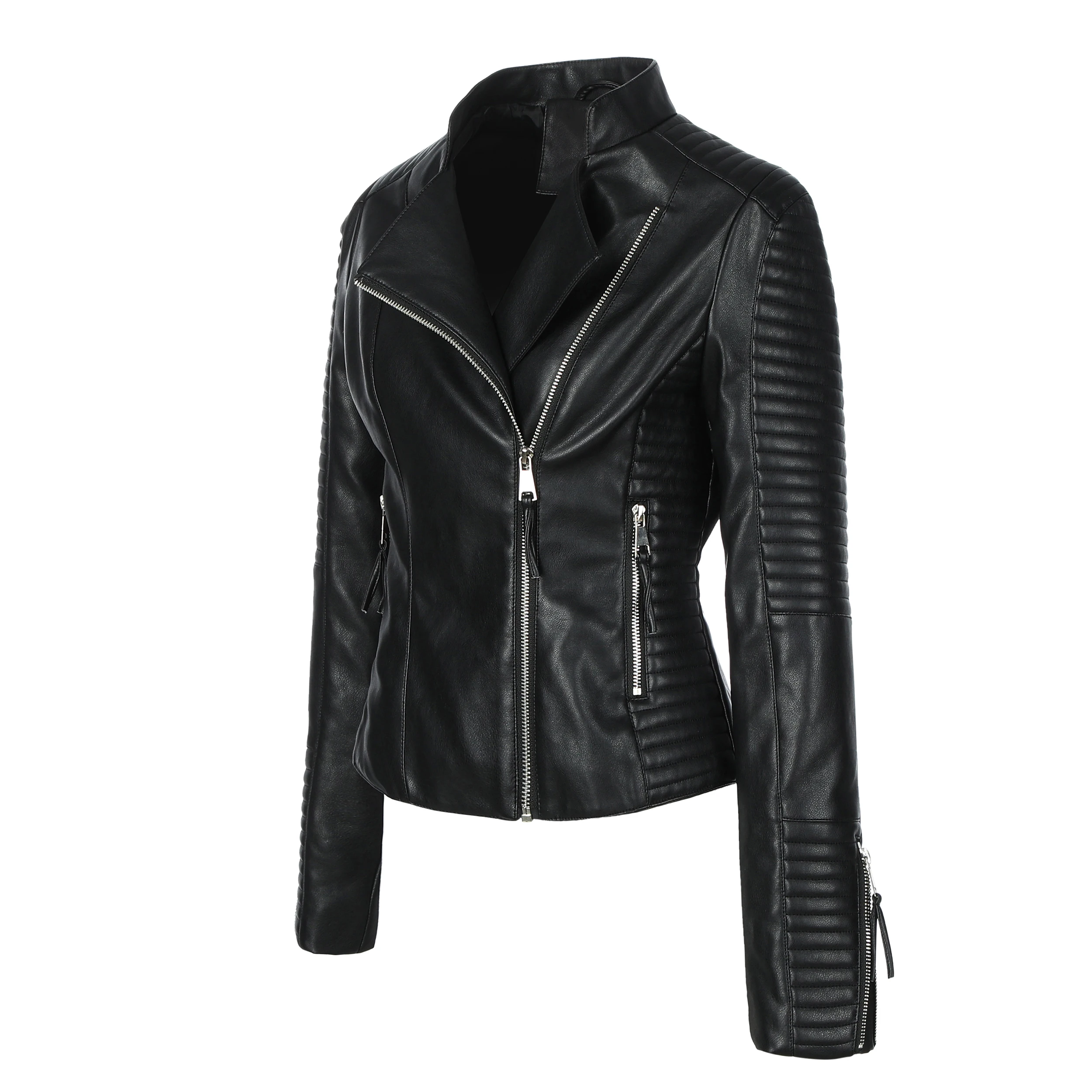 เสื้อแจ็คเก็ตมอเตอร์ไซค์หนัง PU สีดำสำหรับผู้หญิง ทรงเข้ารูป ซิปแบบไม่สมมาตร แต่งลายริบ ให้ความอบอุ่น เหมาะสำหรับฤดูใบไม้ผลิ ฤดูใบไม้ร่วง และฤดูหนาว